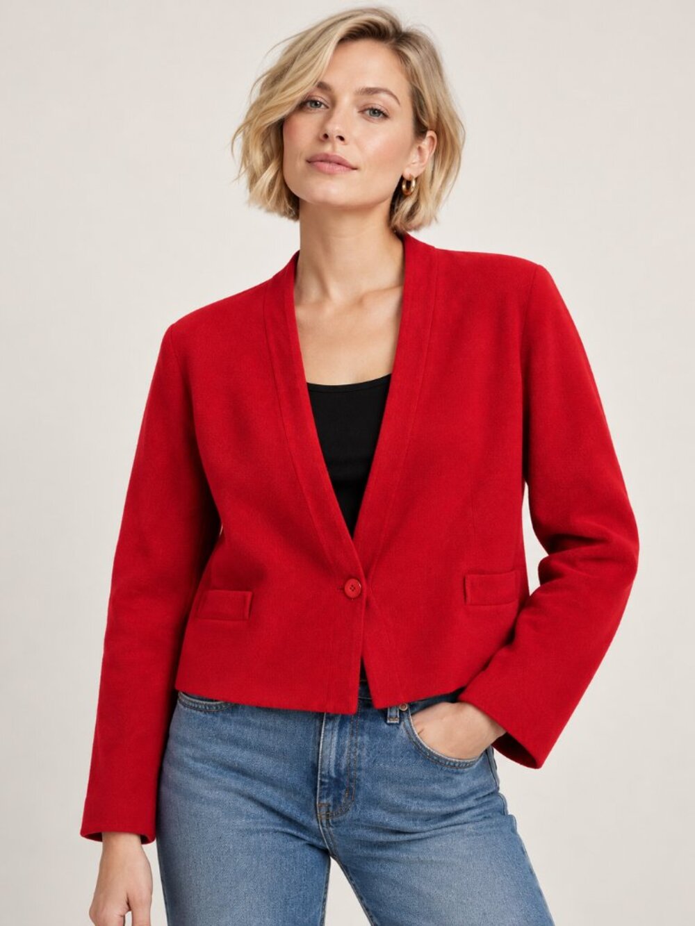 Jaeger, Cropped Statement Blazer, 100% Wool, Vintage 70's, Red, Size 10 UK
